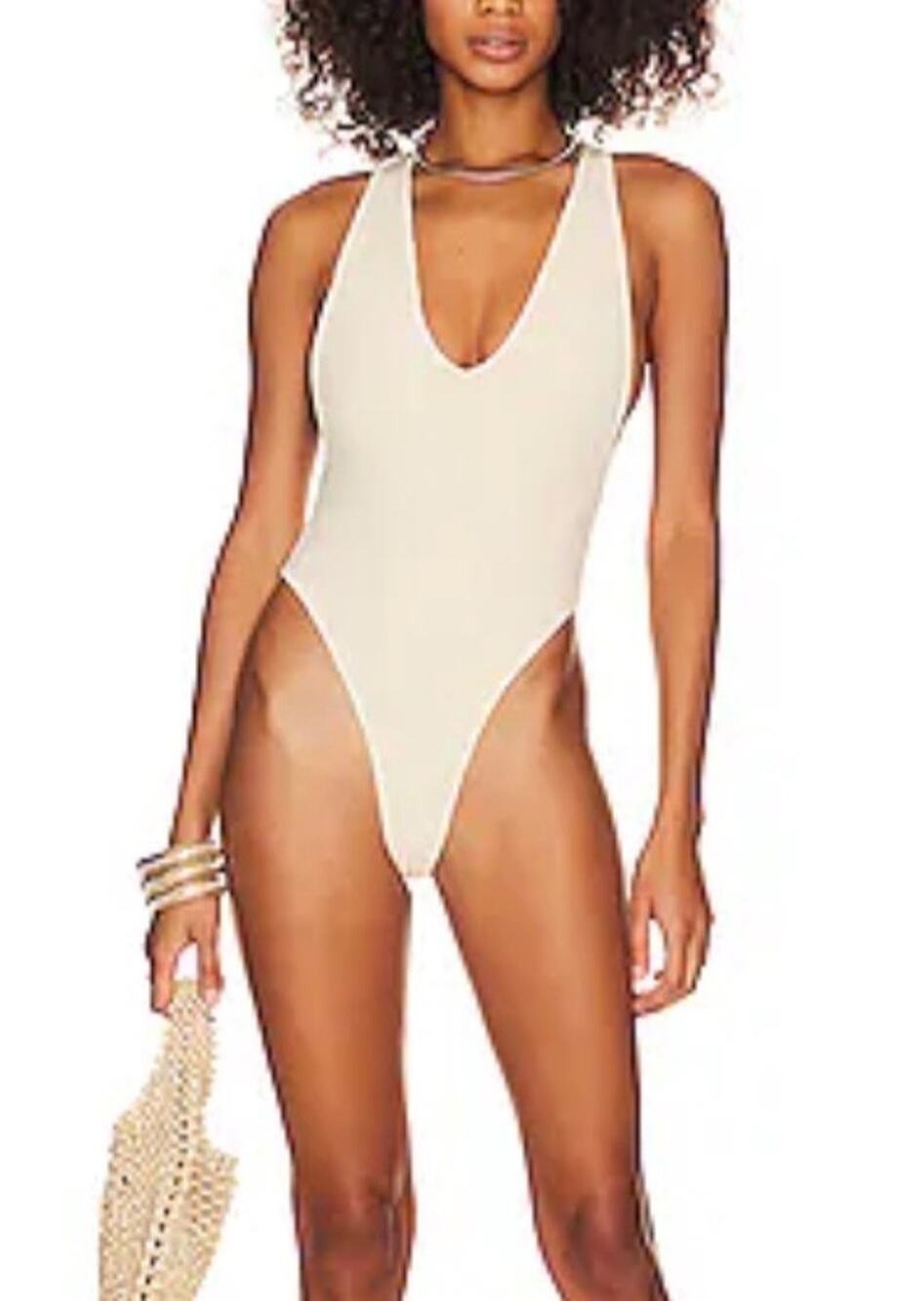 House of Harlow Bodysuit Top BABYDOLL Large Beige Sleeveless Stretch A009595